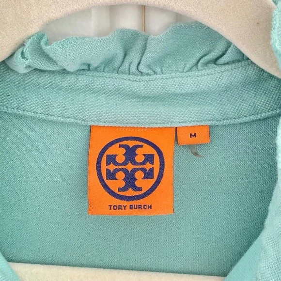Tory Burch Lidia Polo Shirt Womens M Sage Green Button Ruffle Pima Cotton Modal - Picture 4 of 8